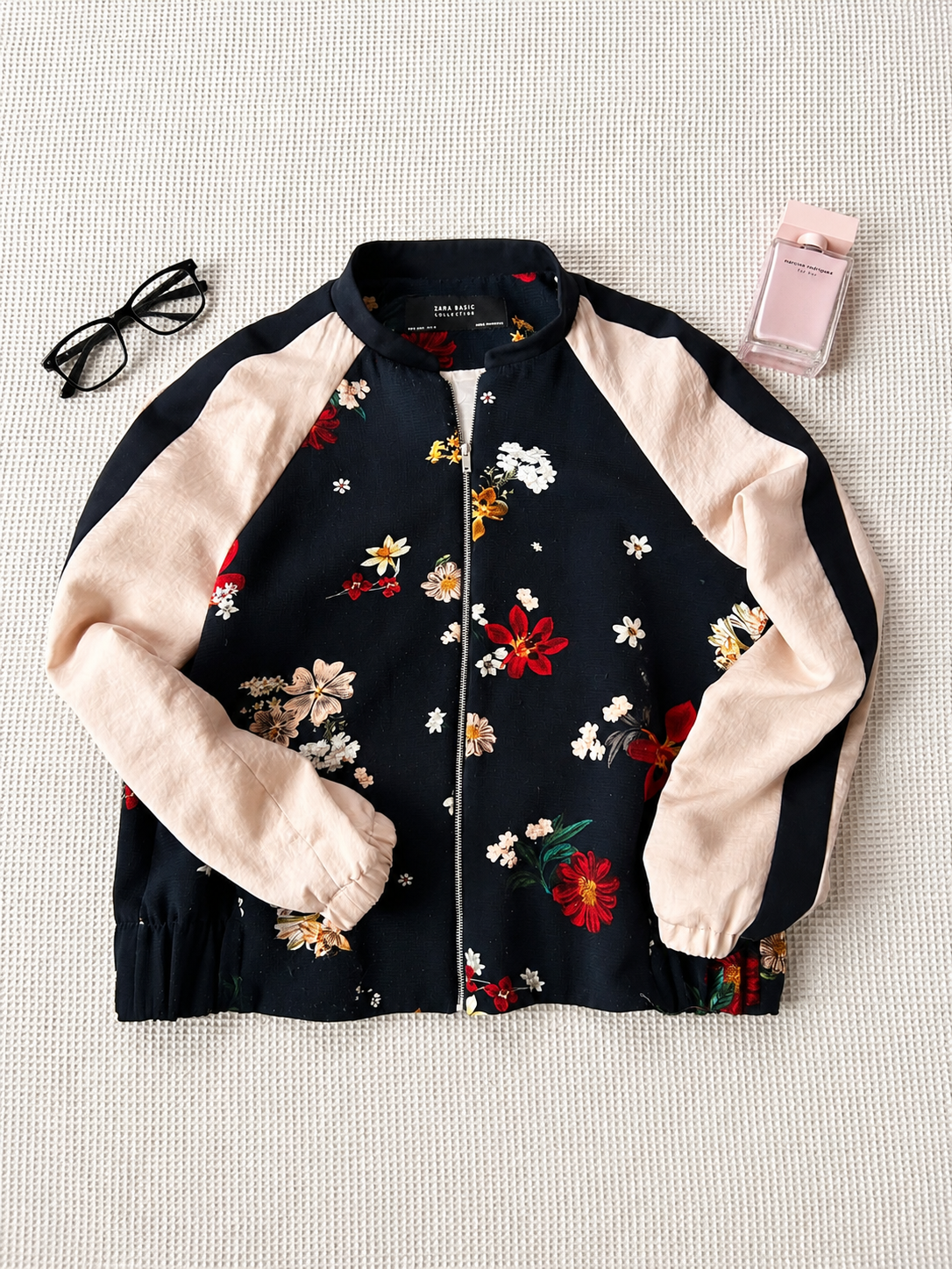 Zara Basic Collection Bomberka Kwiatowa Granatowa | Rozmiar L