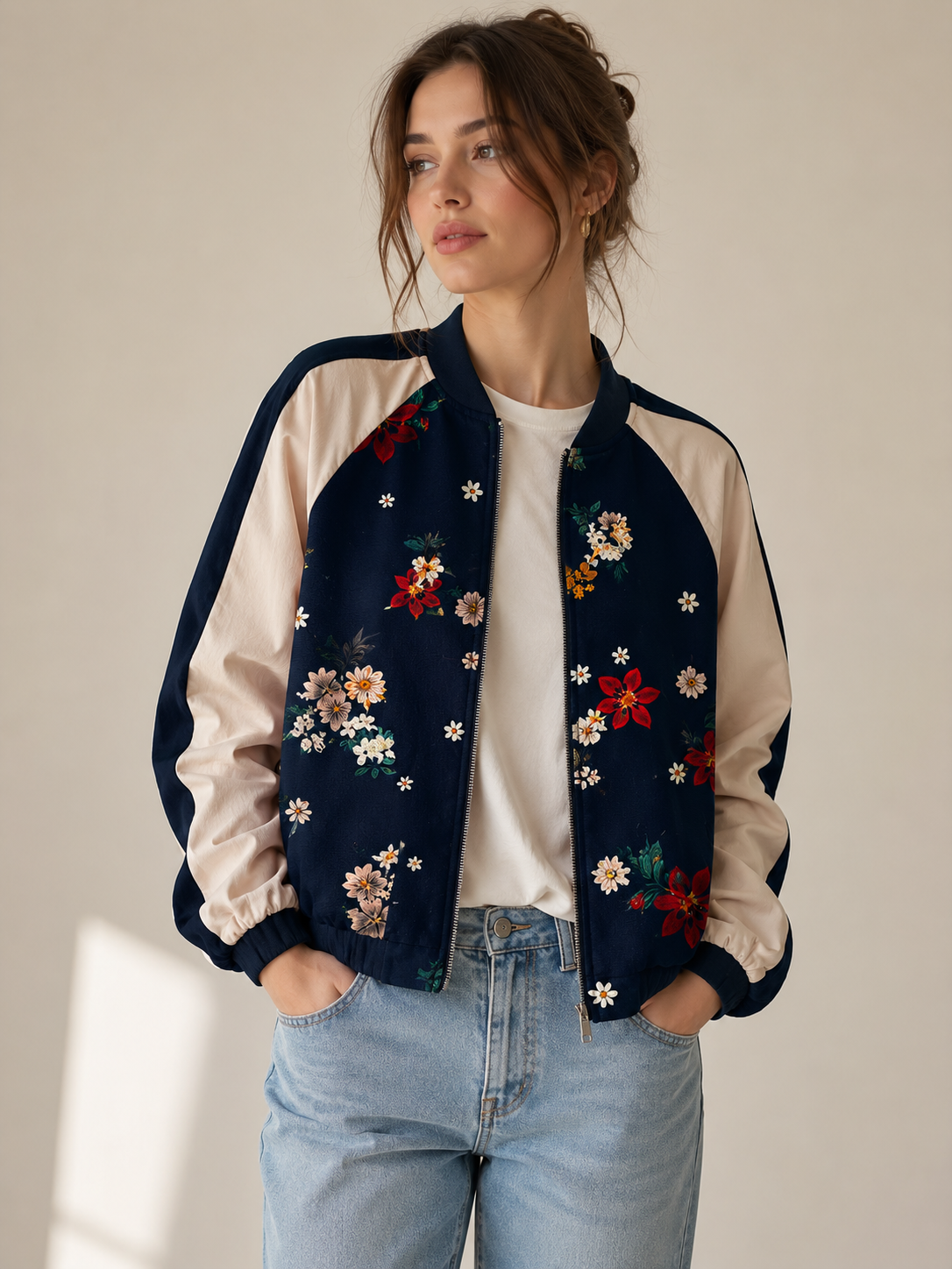 Zara Basic Collection Bomberka Kwiatowa Granatowa | Rozmiar L