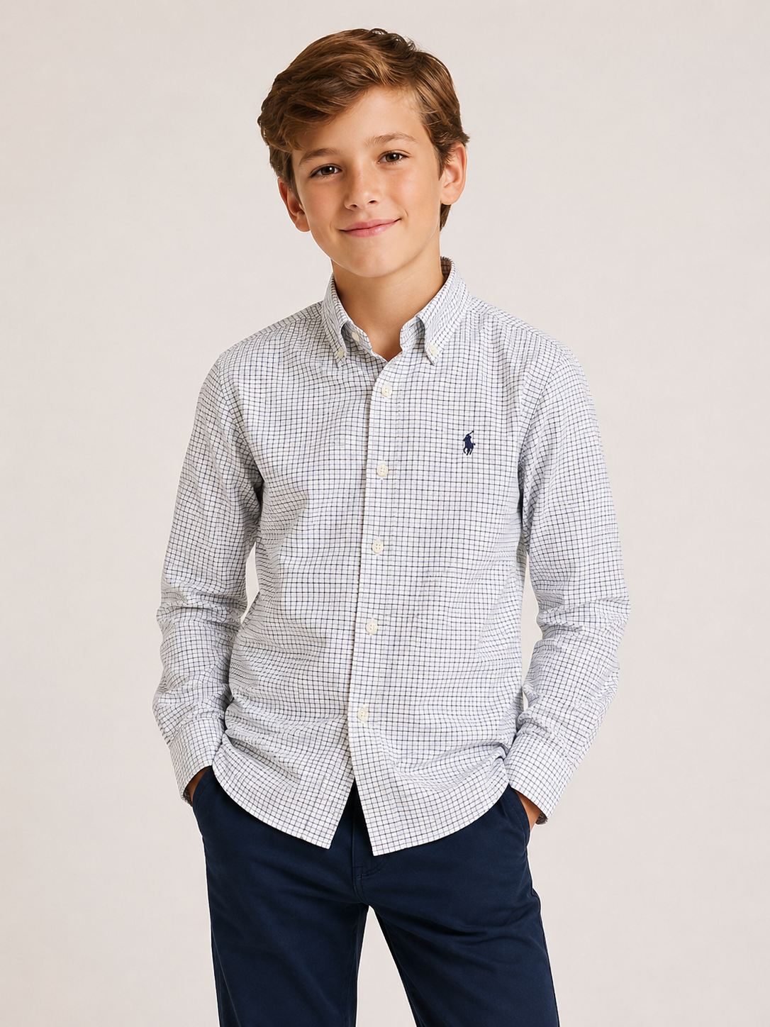 Ralph Lauren Classic Fit – Koszula Dziecięca w Granatową Kratkę | Biała