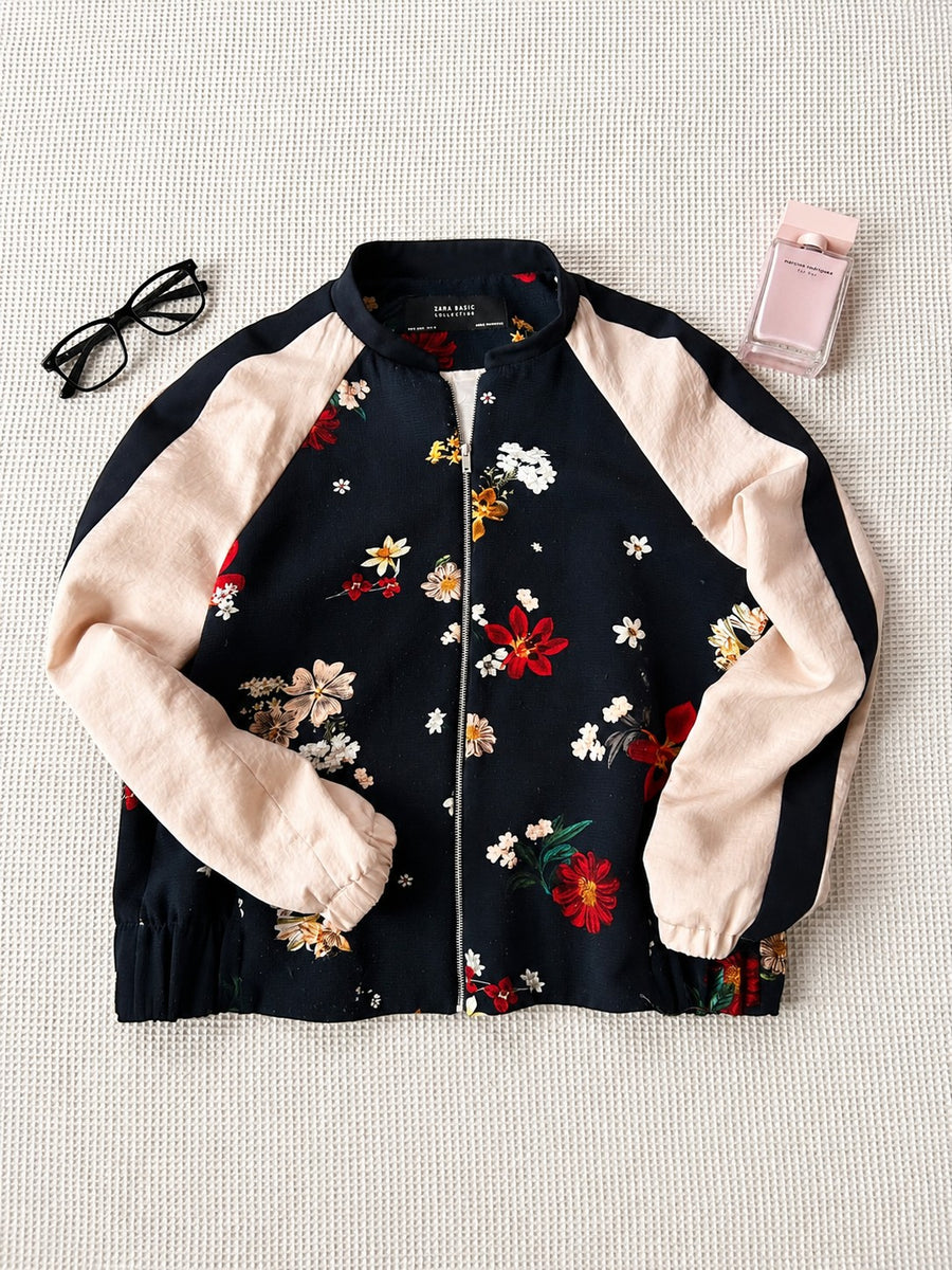 Zara Basic Collection Bomberka Kwiatowa Granatowa | Rozmiar L